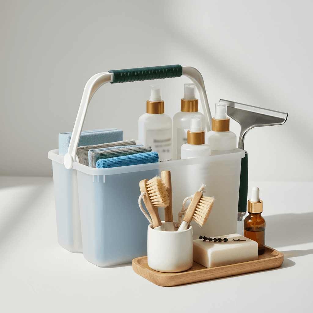 Fully stocked cleaning caddy with organized compartments of supplies and amenities