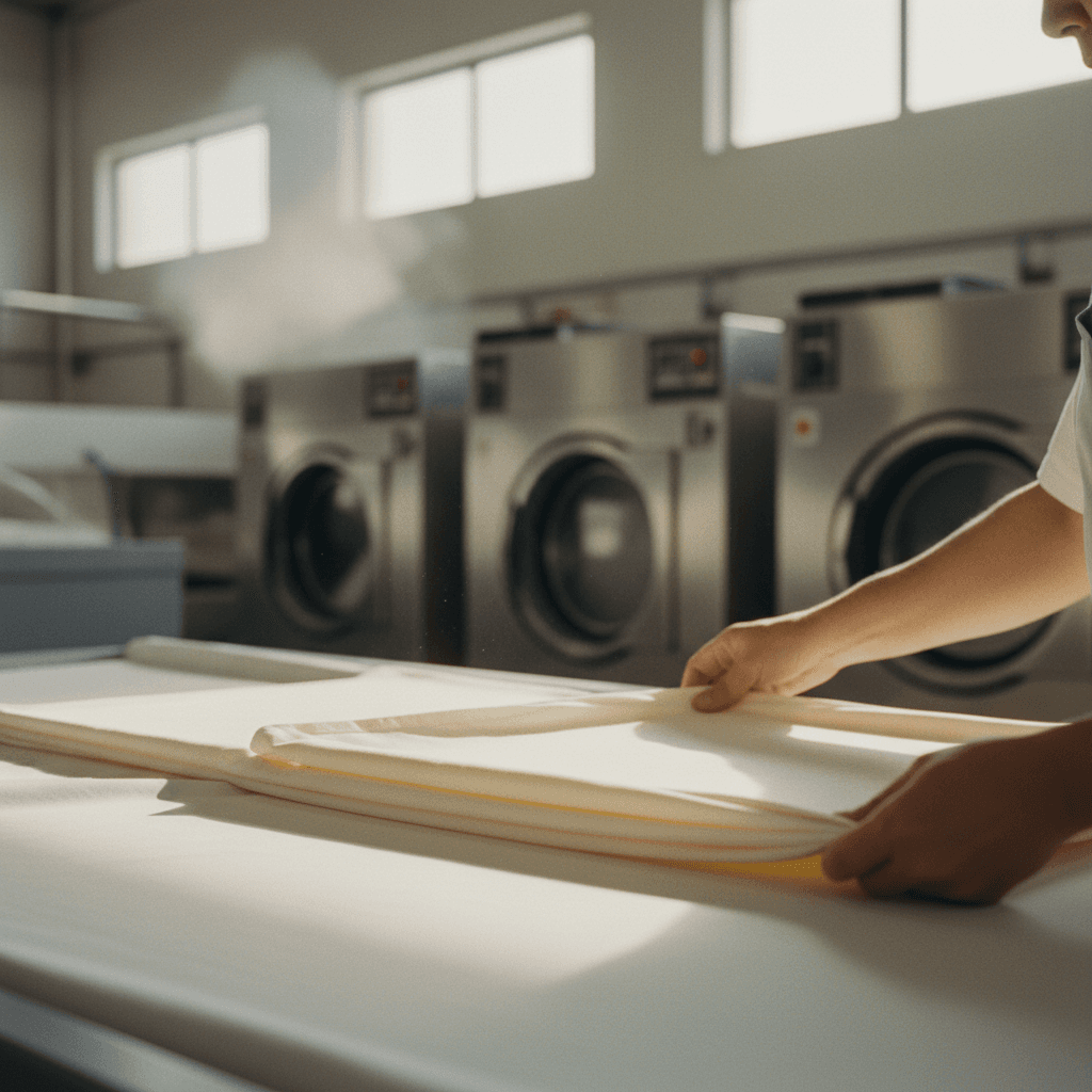 Commercial laundry worker folding linens with hospital corners for turnover stock