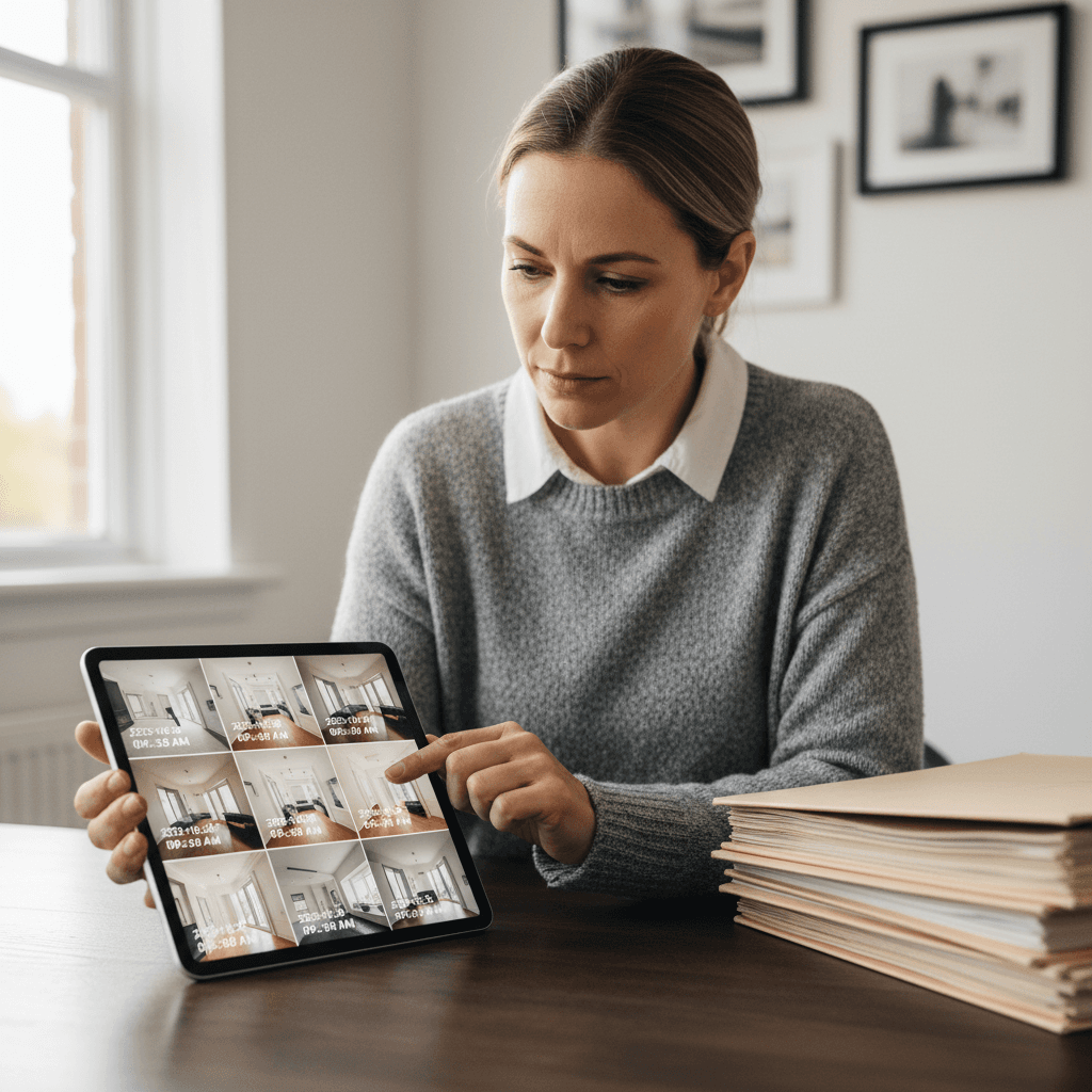 Property manager reviewing timestamped photo reports on a tablet in home office setting