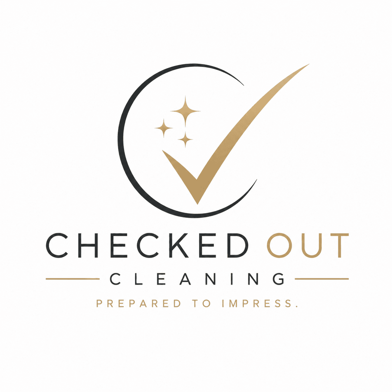 Checked Out Cleaning logo featuring a gold checkmark, stars, and slogan Prepared to Impress.